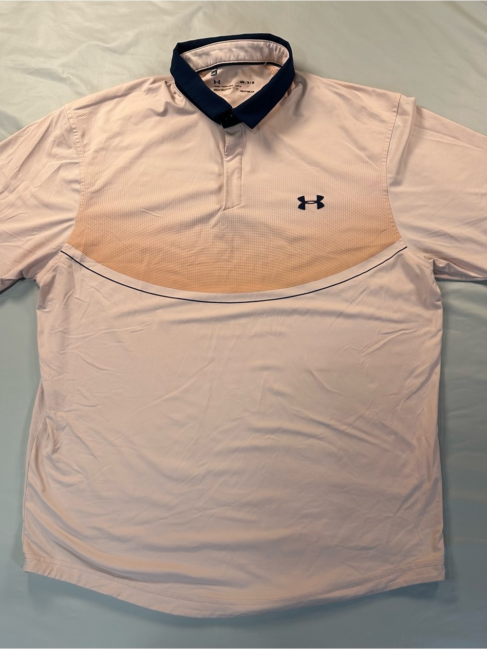 Under Armour Men's Light Pink Polo with Navy Collar, medium. Loose Heat gear